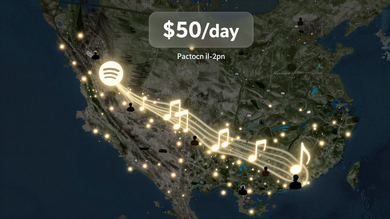 Digital map with glowing regions targeting listeners in the Pacific Northwest and California, connected by a music note.