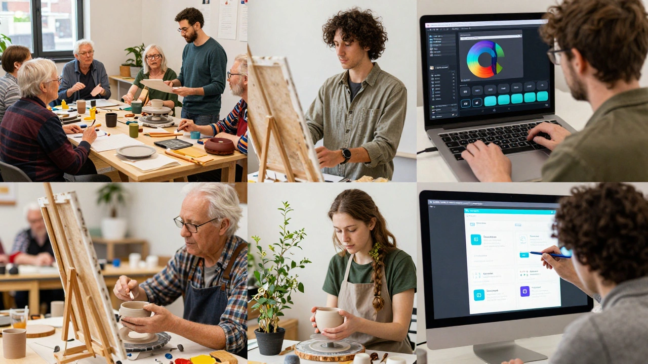 Diverse scenes of artists teaching, uploading digital products, and collaborating with non-artists in vibrant, everyday settings.