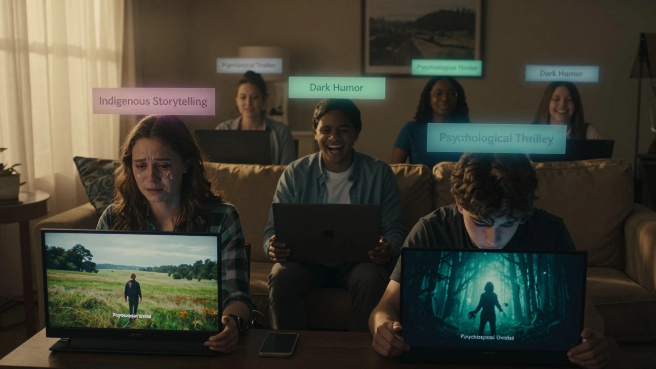 Diverse viewers absorbed in different shows, each surrounded by invisible genre tags above their screens.