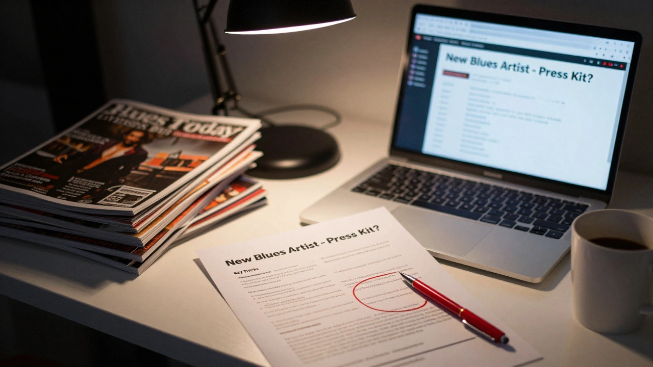 Editor's desk with a formatted press one-sheet and music magazines, lit by a desk lamp, no text visible on the sheet.