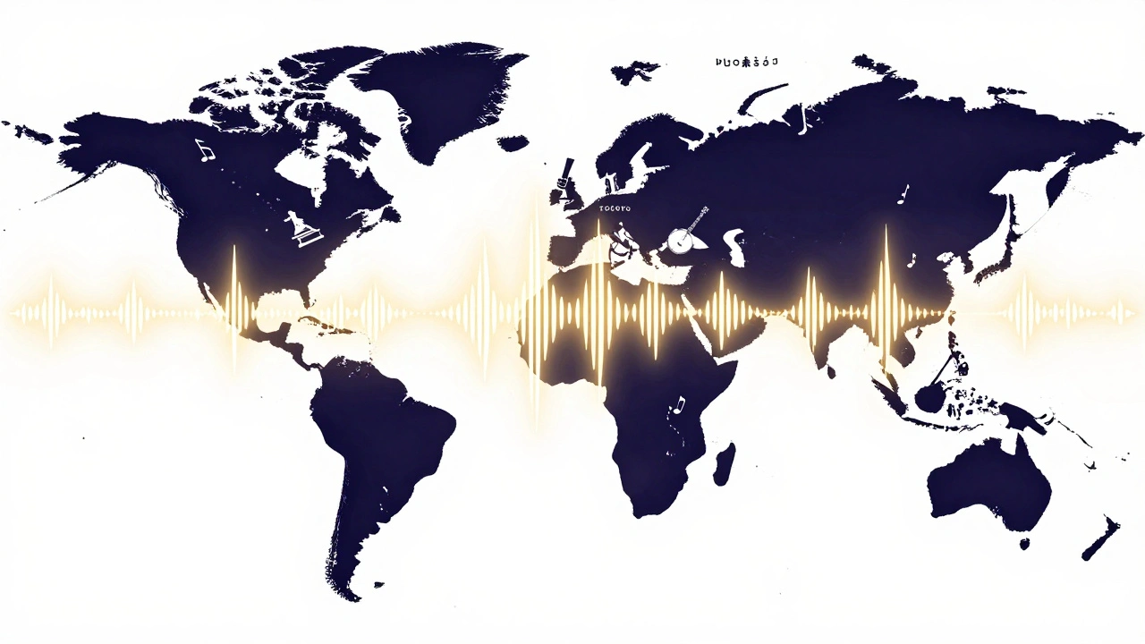 Global map with audio waves from Australia reaching Europe, Canada, and Asia, symbolizing blues music's international reach.