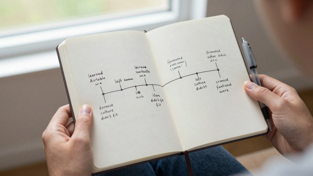 Hands holding an open notebook with handwritten career notes and a resting pen.