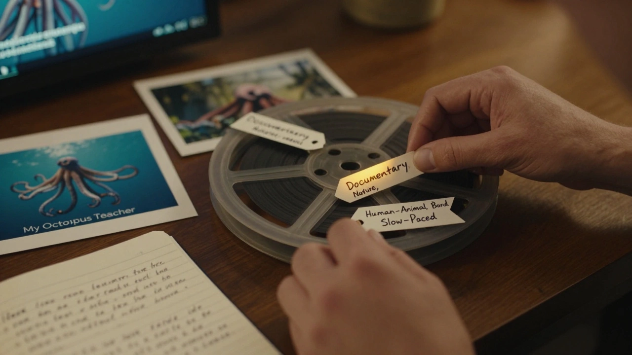 Hands labeling a film reel with precise, handwritten genre tags like 'Emotional' and 'Slow-Paced'.