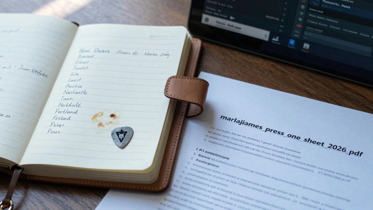Printed press one-sheet and handwritten tour list beside a coffee stain on wooden table with natural light.