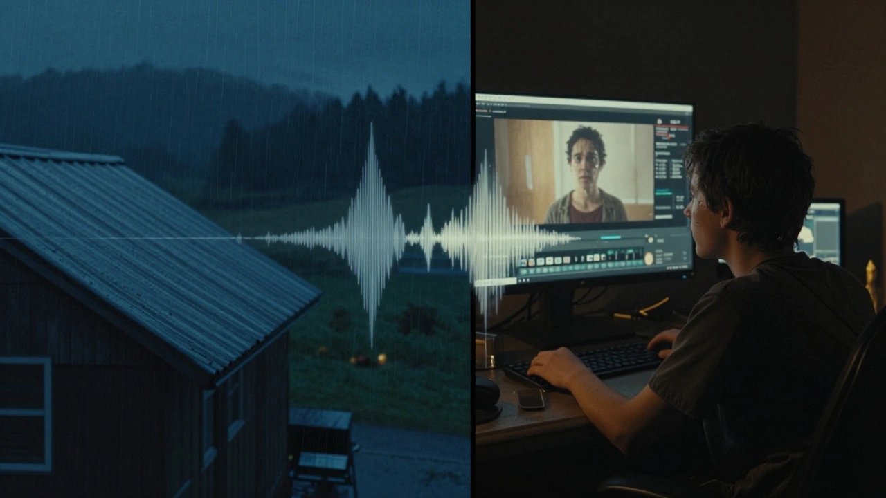 Rain falls on a tin roof at night, connected by soundwaves to a filmmaker watching their short film in a dim room.