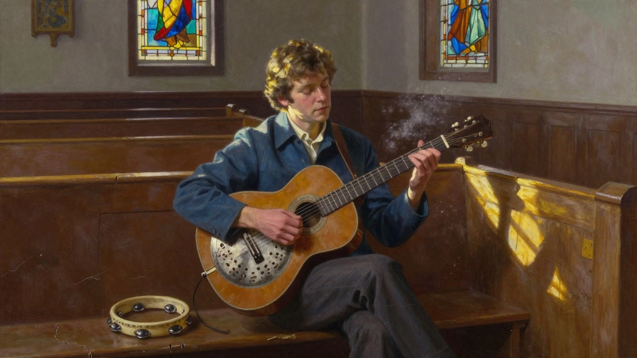 Robert Hill performing alone in an empty church, sunlight streaming through stained glass as he plays resonator guitar.