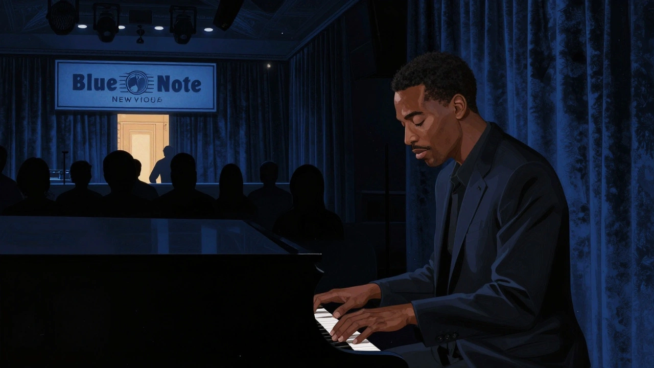 Robert Hill performing in a quiet New York jazz club, audience in deep stillness under low lighting.