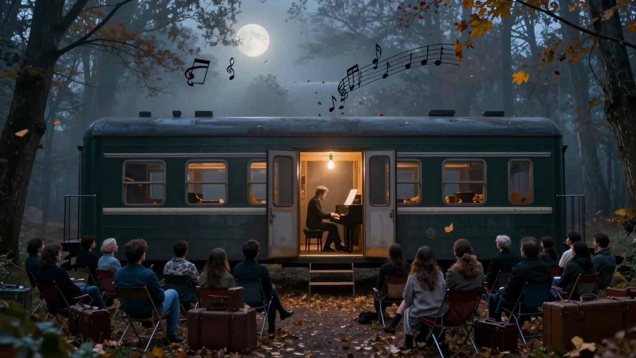 Robert Hill plays piano alone in a hidden train car at night, surrounded by silent listeners in a misty forest.