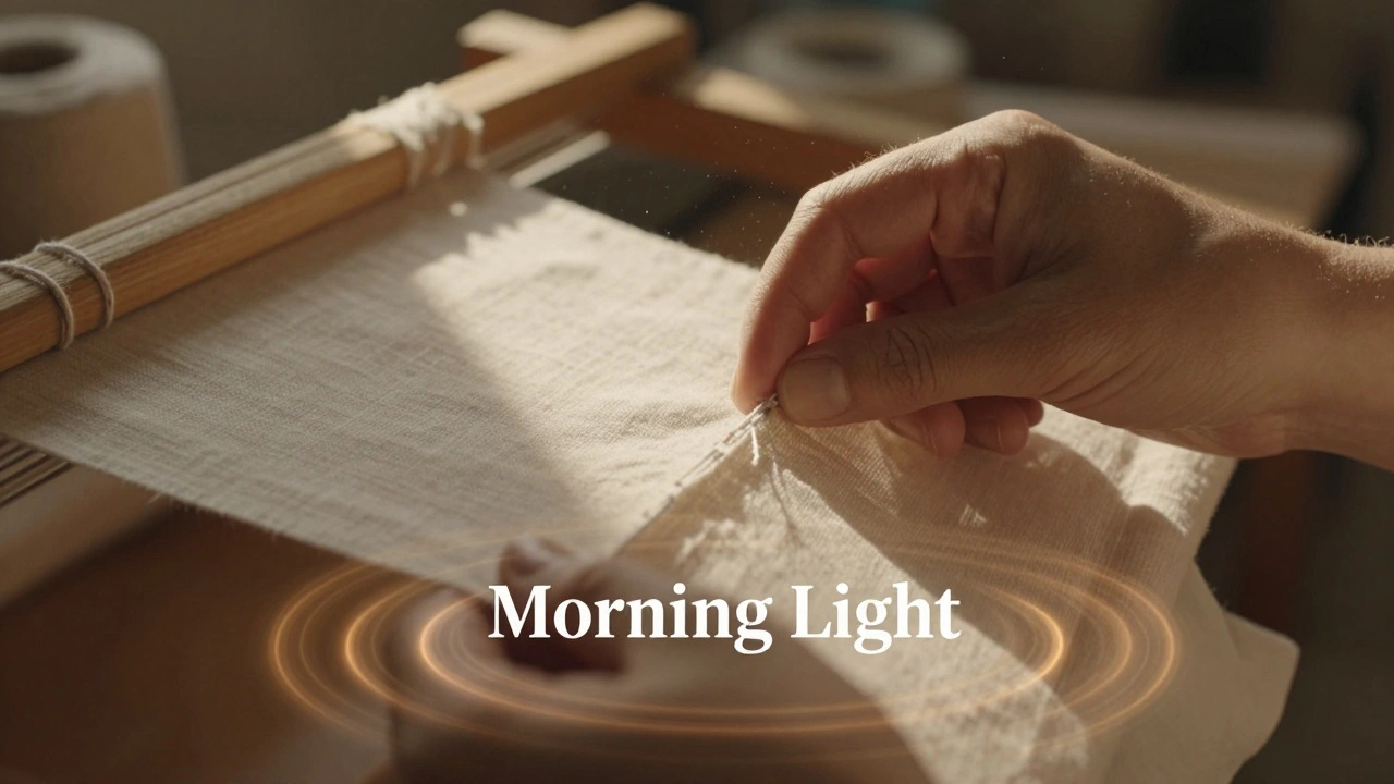 Skilled hands stitch a textile in a sunlit workshop, subtle soundwaves glowing gently beneath the scene.