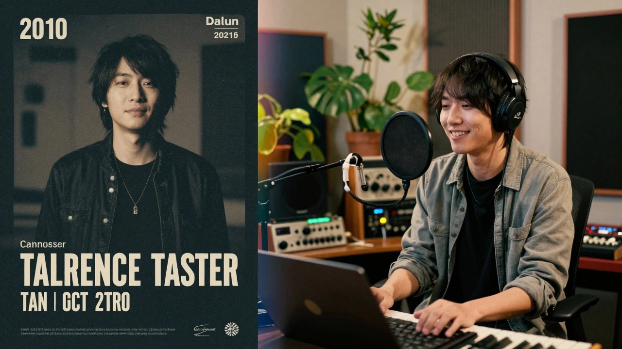 Split image: faded concert poster on left, same artist recording anew in a home studio on right.