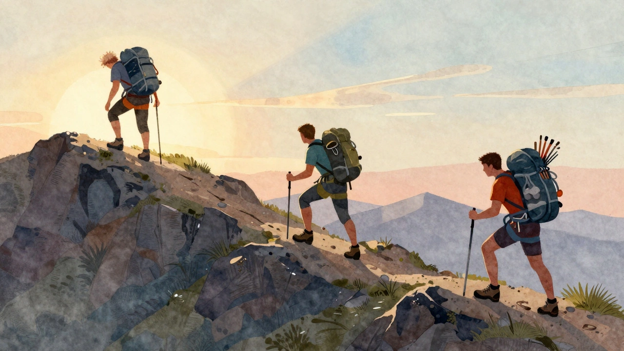 Three climbers on a layered mountain trail, each representing different career growth patterns.