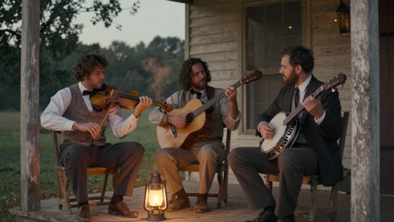 Three early country musicians on a porch at dusk, voices blending in gospel-influenced harmony under a glowing lantern.