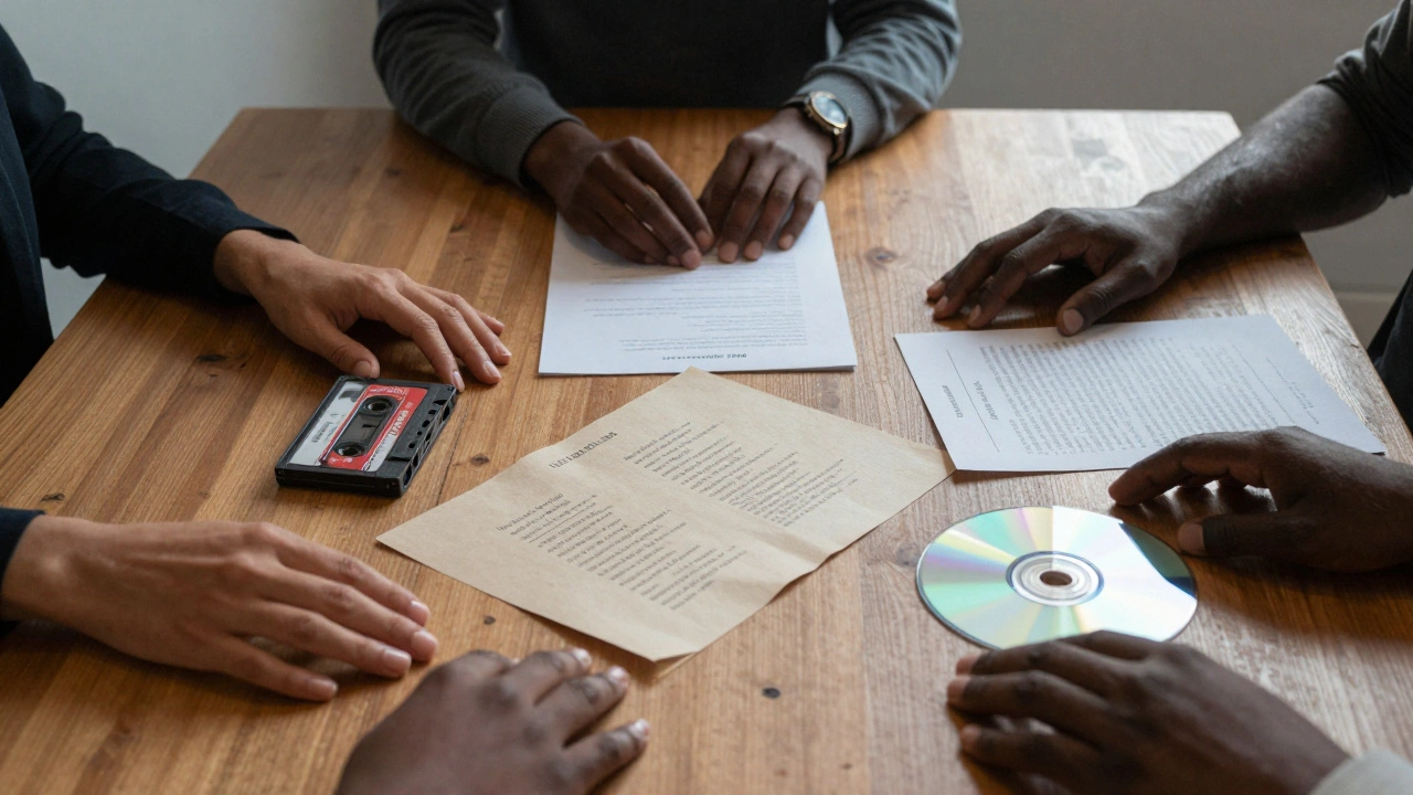 Three international art submissions on a table, surrounded by hands hesitating to touch them in silent contemplation.