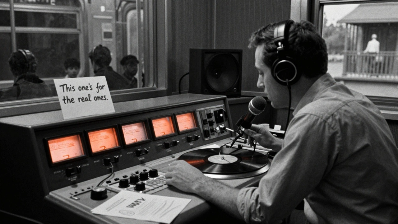 A 1970s NYC radio DJ playing blues music on WFUV, with listeners imagined in subway and on a porch far away.