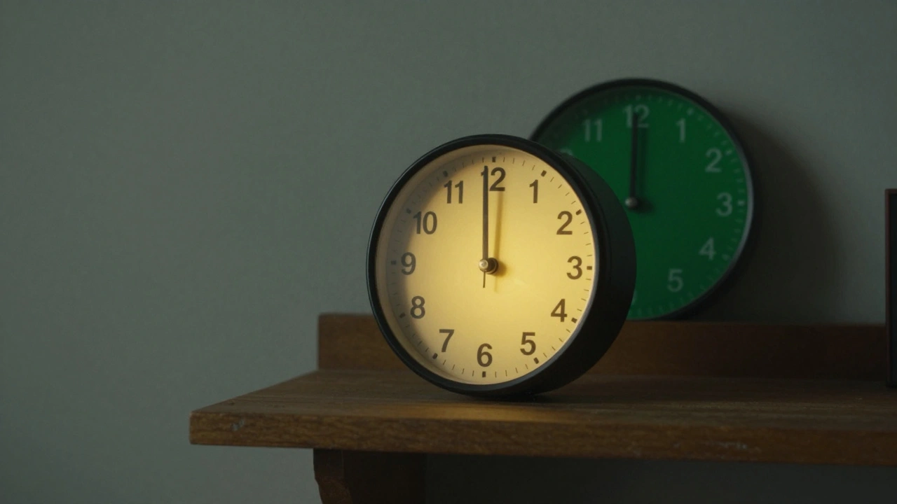 A broken clock frozen at 3:17 in flickering yellow light, with another clock in the background.