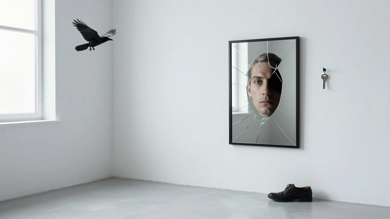 A cracked mirror reflecting only one eye of a person, a black shoe and key in an empty room.