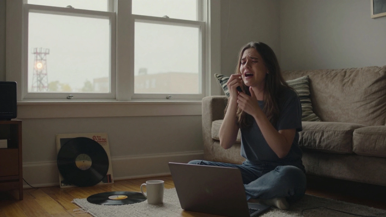 A fan singing along to a song in a sunlit room, a vinyl record on the floor, emotional and quiet moment captured in soft natural light.