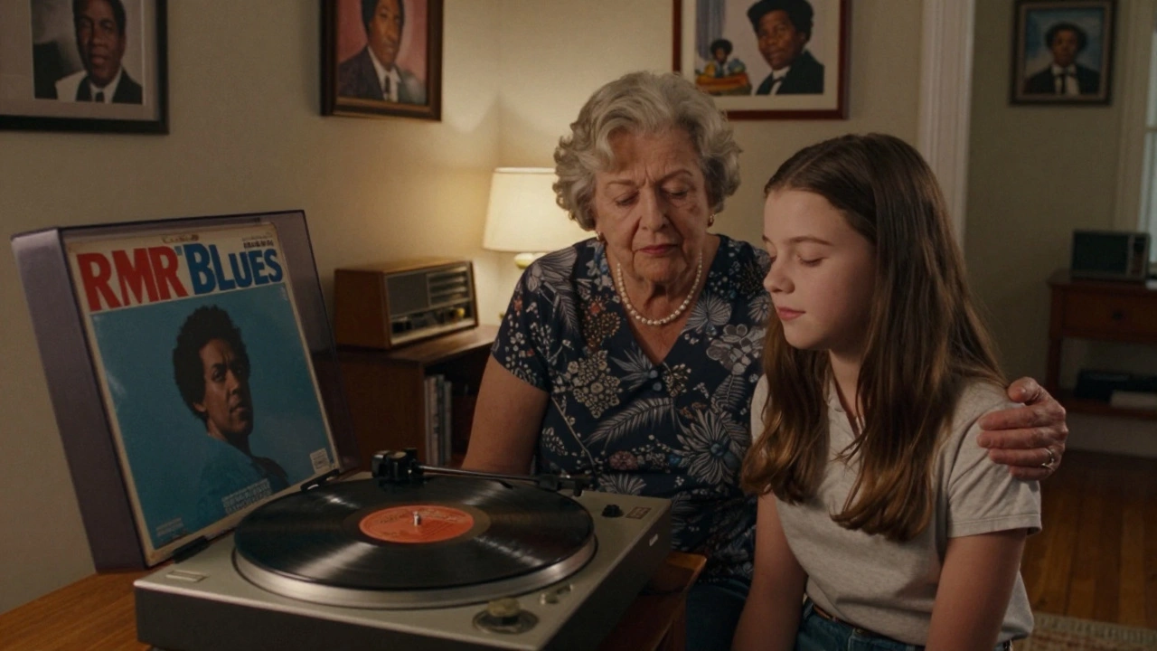 A grandmother and teenager listening to RMR Blues on vinyl in a warm, cozy Southern home, no modern technology visible.