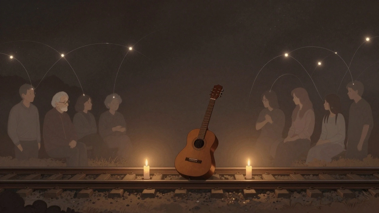 A guitar resting on train tracks at night with candles and faint silhouettes of listeners connected by sound waves under a starry sky.
