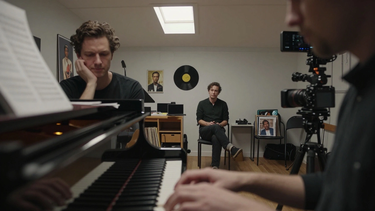 A jazz pianist sits silently at her instrument, hands hovering, surrounded by sheet music and photos in soft daylight.