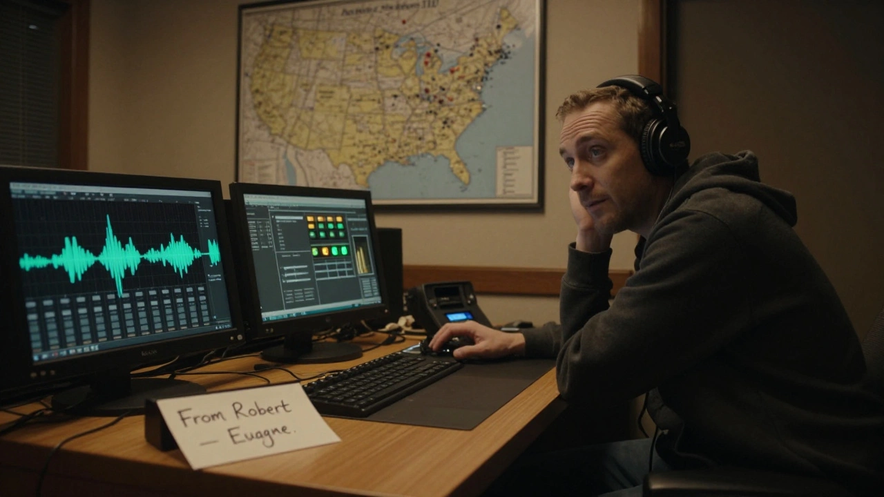 A radio DJ in a control room listening intently to an independent song, with a handwritten note on the desk and a U.S. map covered in pins.