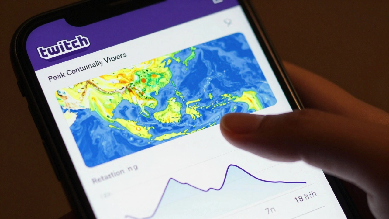 A smartphone screen showing Twitch analytics with geographic heat map and retention curve, fingers hovering nearby.