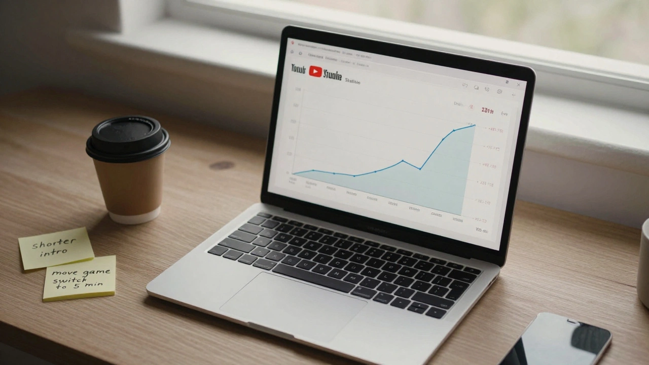 A streaming desk with laptop open to a retention graph and handwritten notes about improving content timing.