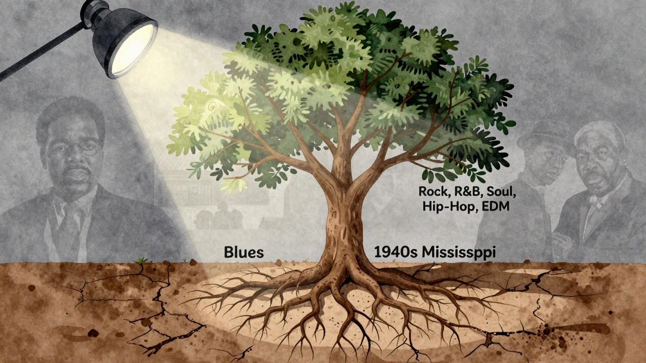 A symbolic tree showing blues as the root of modern music genres, ignored by mainstream media.