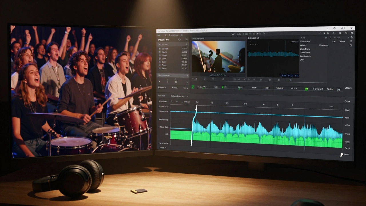 A video editing interface shows synced audio and video waves from a live performance, with a clapperboard marker visible.