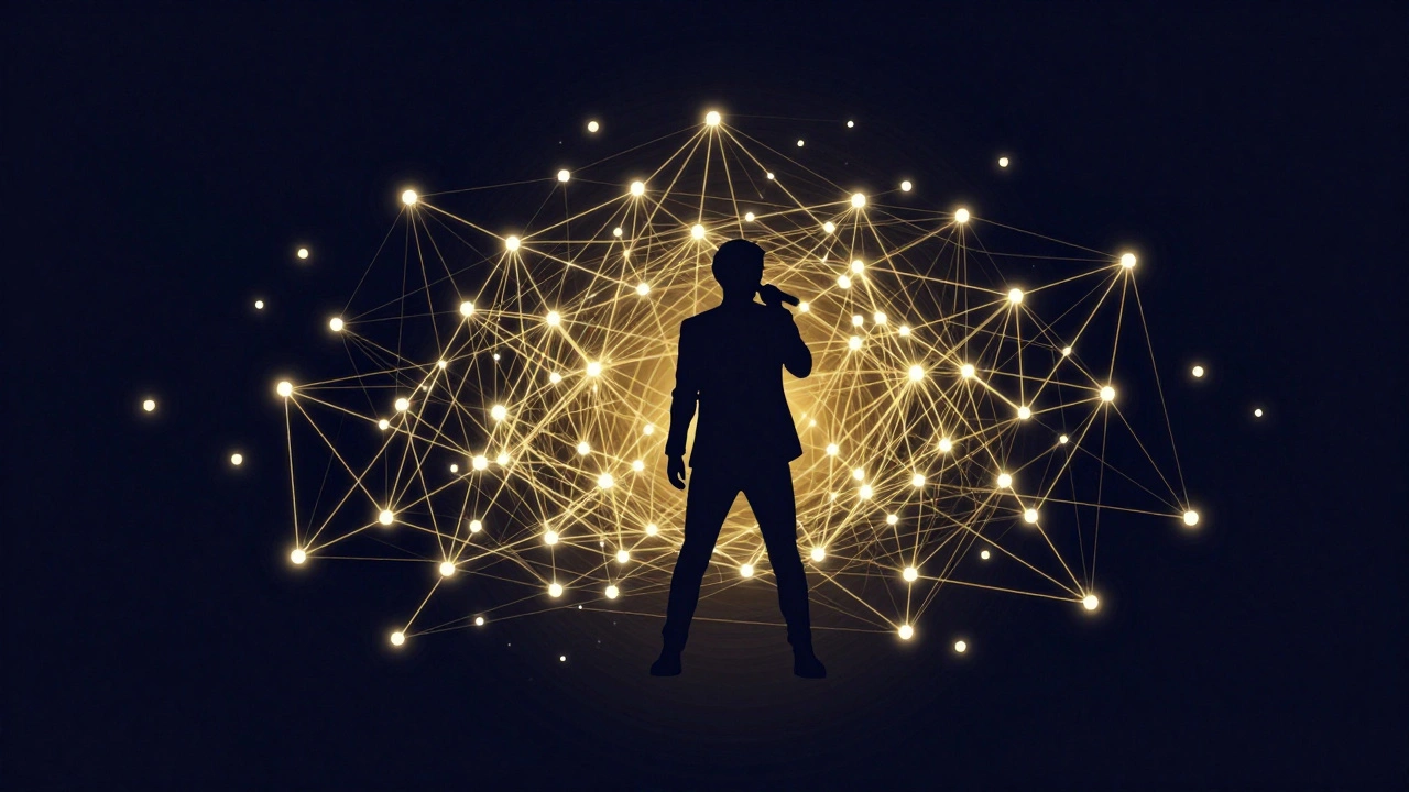 Abstract network graphic connecting a musician to fans globally.