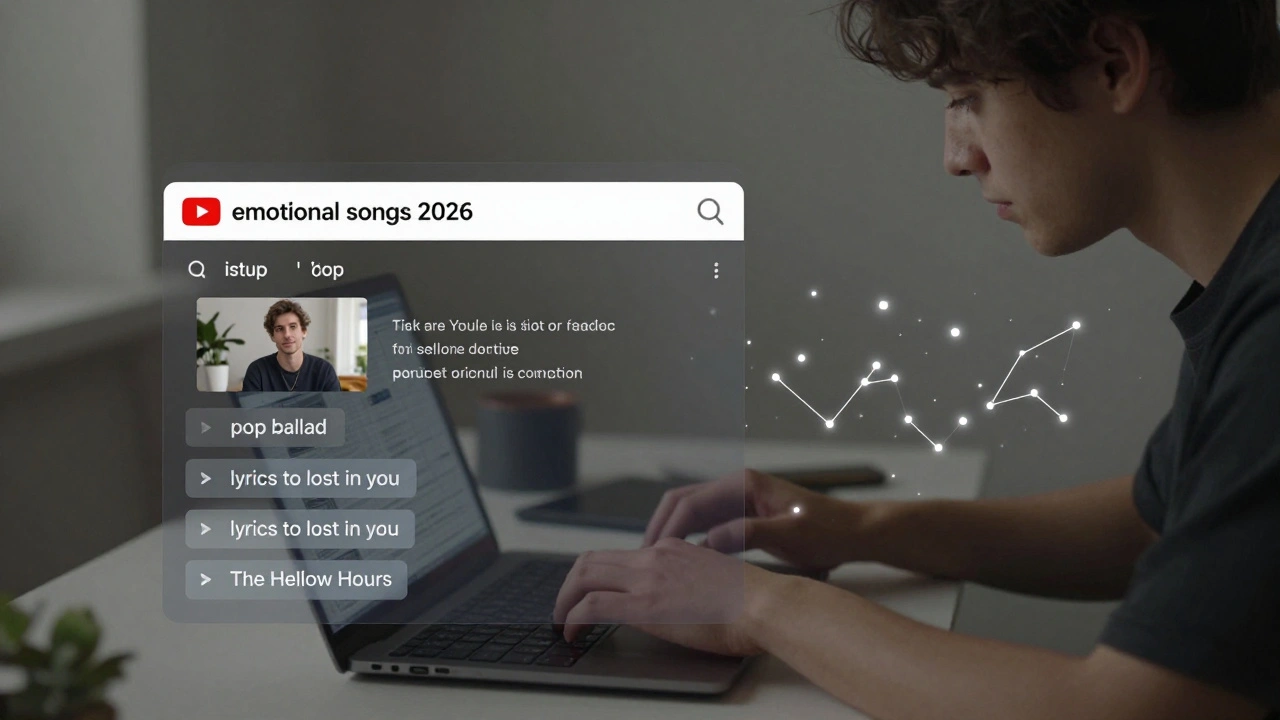An artist optimizing a YouTube description as search results rise around them, with relevant tags floating like stars.