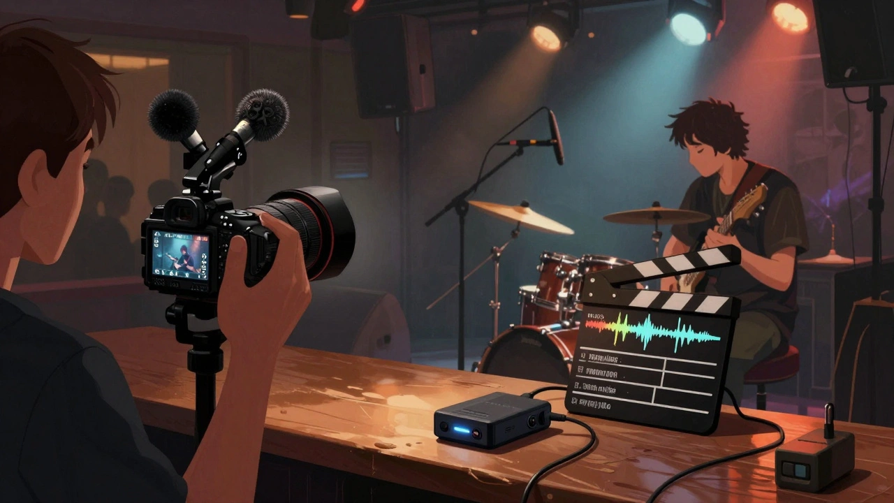 An audio setup with XLR microphones and a Zoom recorder captures live music while a camera films the performer from a side angle.