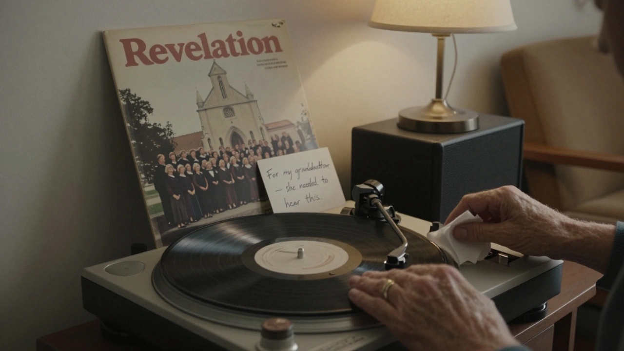 An elderly person listening to the 'Revelation' vinyl record, a handwritten note beside the turntable.