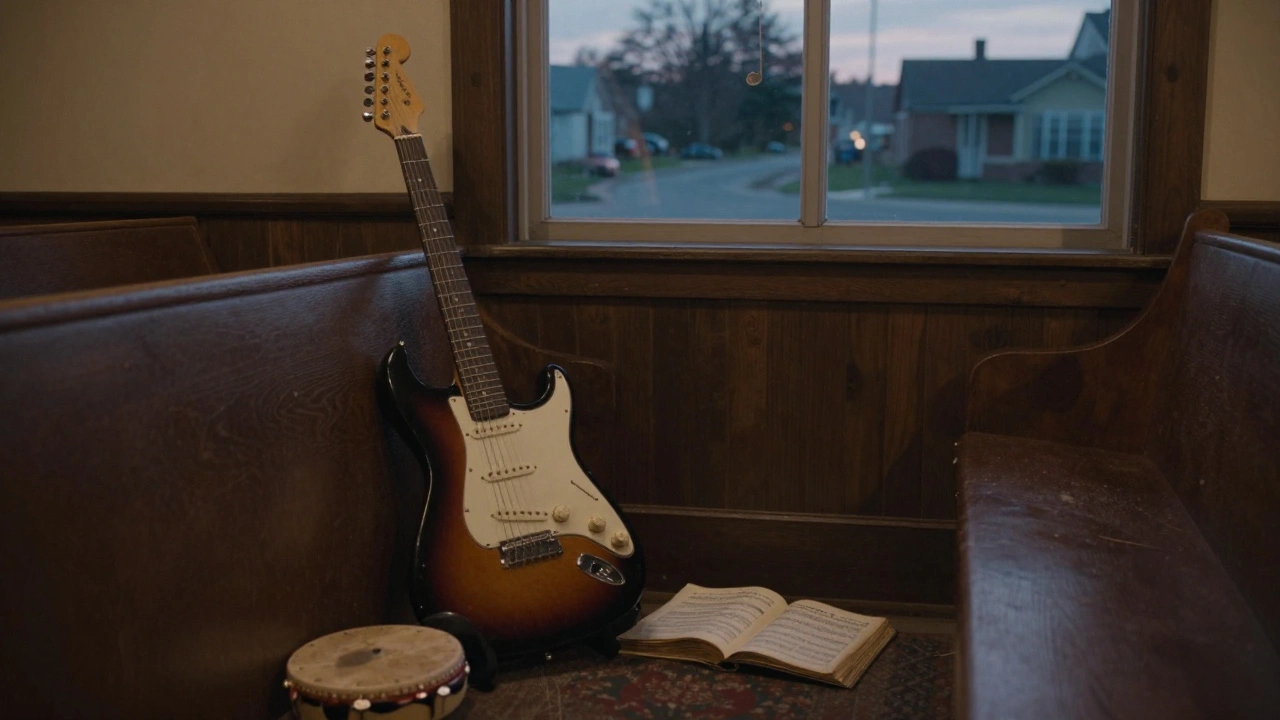 An empty church pew with a guitar and open hymnal, twilight fading through the window — silence after the last note.
