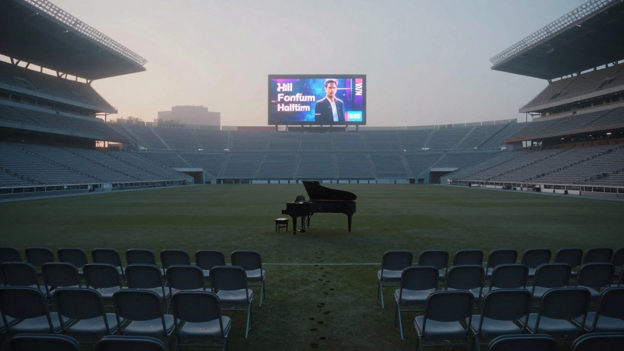 An empty Super Bowl field with a piano under dawn light, fan signs in the distance.