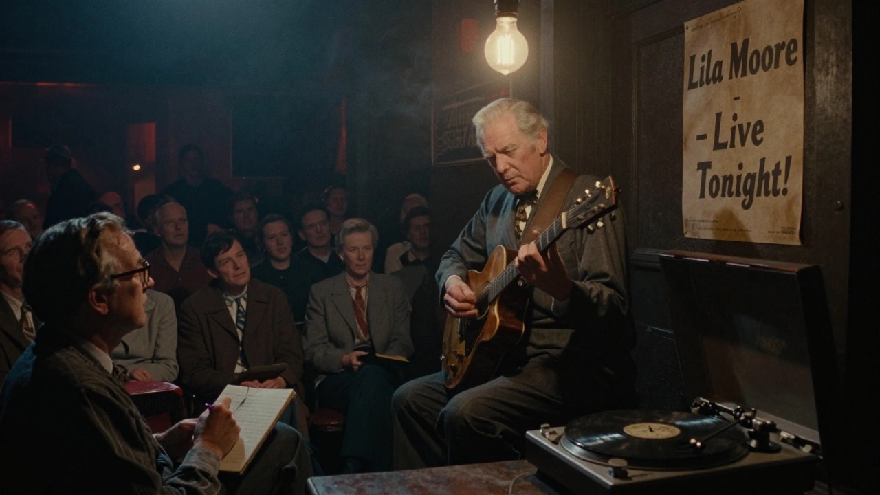 An intimate blues club scene with an elderly guitarist playing to a small, quiet audience.