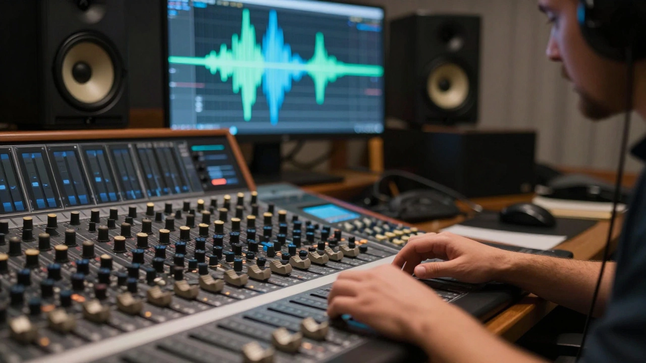 Audio engineer adjusting mixing console faders in a studio setting.