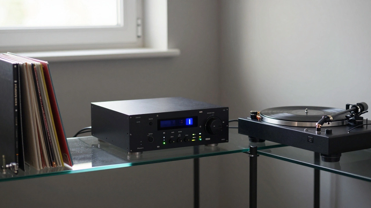 Audio equipment rack with DAC and vinyl records