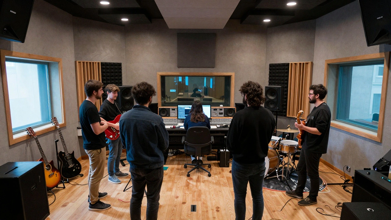 Band collaborating in acoustic treated recording studio live room