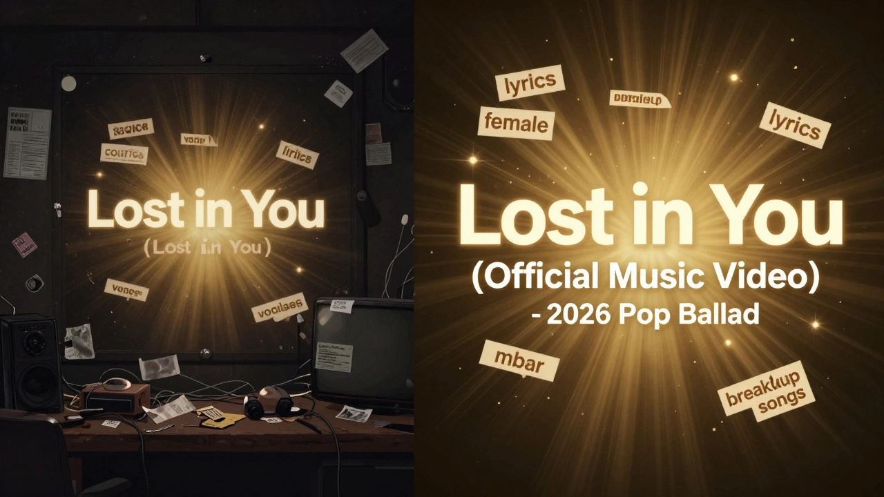 Comparison of a generic music video title versus an optimized one, with glowing keywords surrounding the improved version.