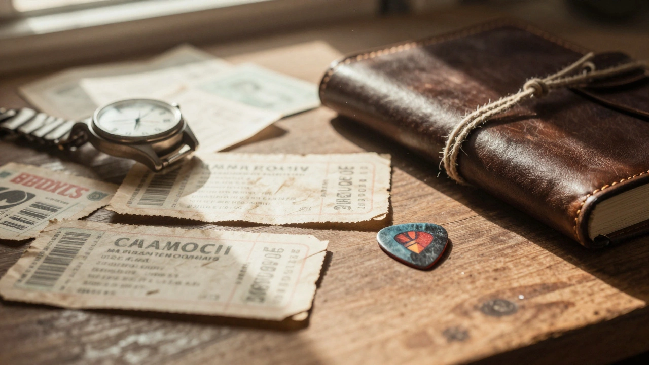 Desk with concert tickets and vintage watch in sunlight.