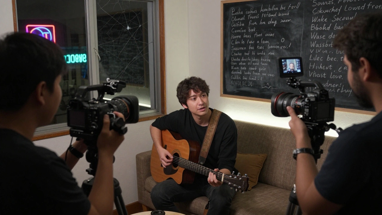 Four cameras capture a musician in a cluttered rehearsal space, lit by neon and LED strips, no studio lights in sight.