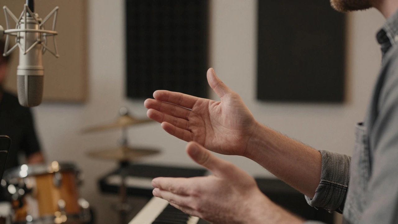 Hand gesture directing musicians during a recording session