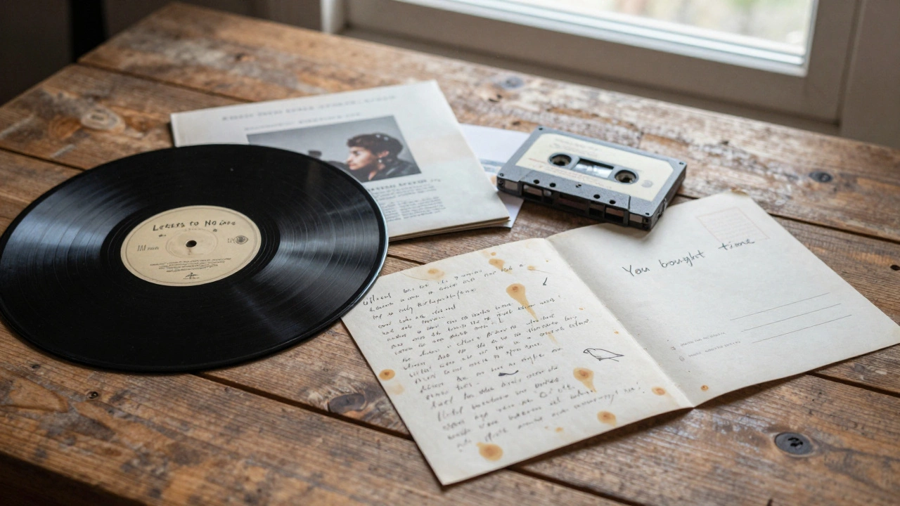 Handwritten lyric booklet, cassette tape, and vinyl record on a wooden table with natural light.