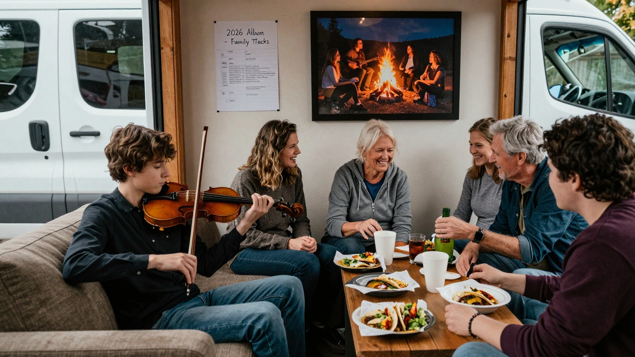 Paulina's teenage son plays fiddle on a couch as the family shares food, with a handwritten album note on the wall.