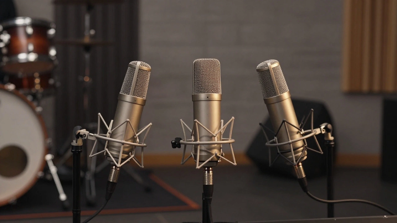 Professional microphone array positioned over drum kit for recording