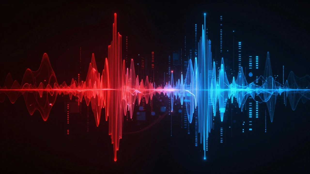 Red analog wave merging with blue digital grid pattern