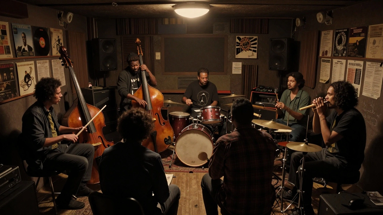 Seasoned blues musicians in a Brooklyn studio playing together with deep focus, surrounded by signed album covers.