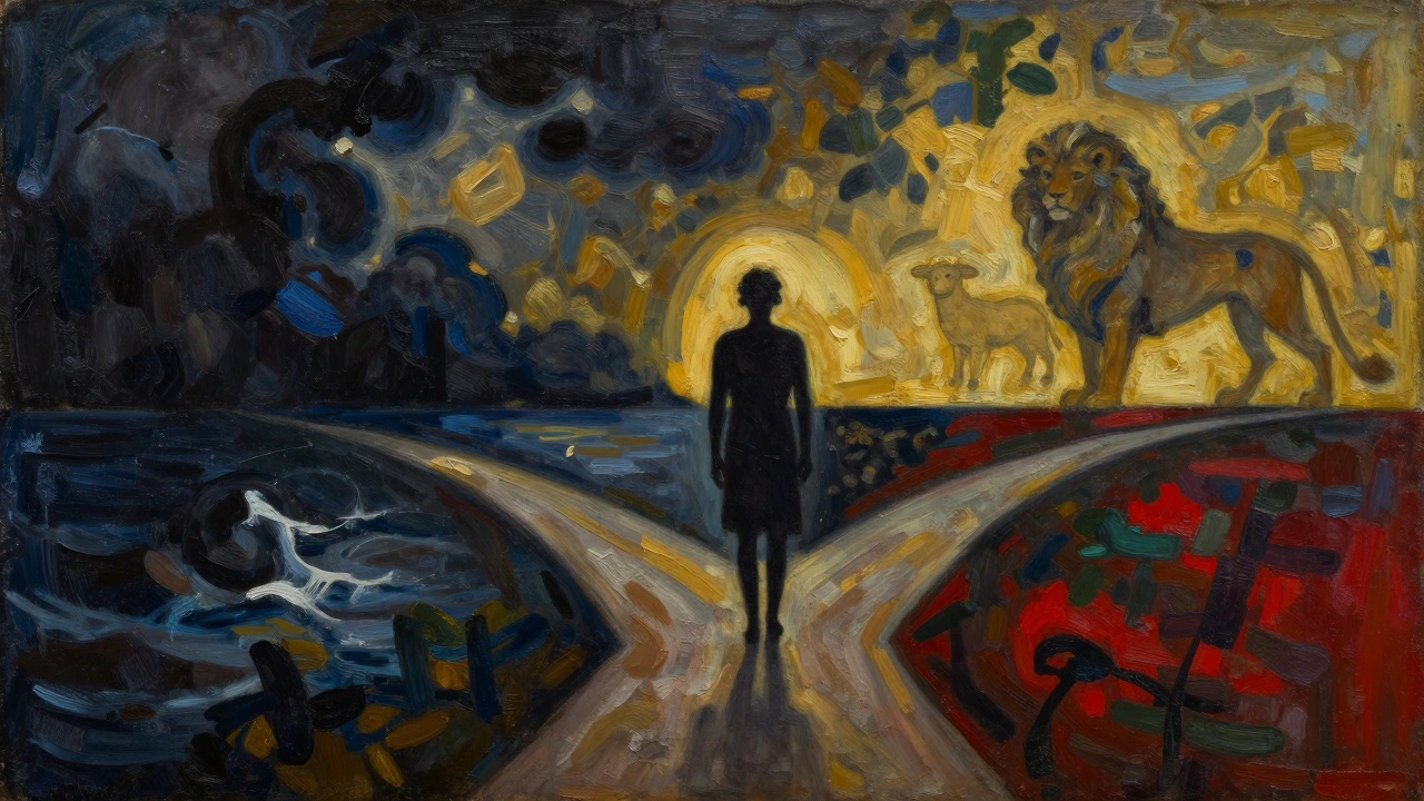 Silhouette at a forked road with dark clouds and bright horizon light.