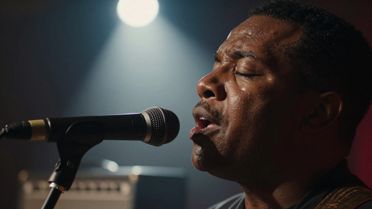 Singer's face illuminated by spotlight during an intense musical performance.